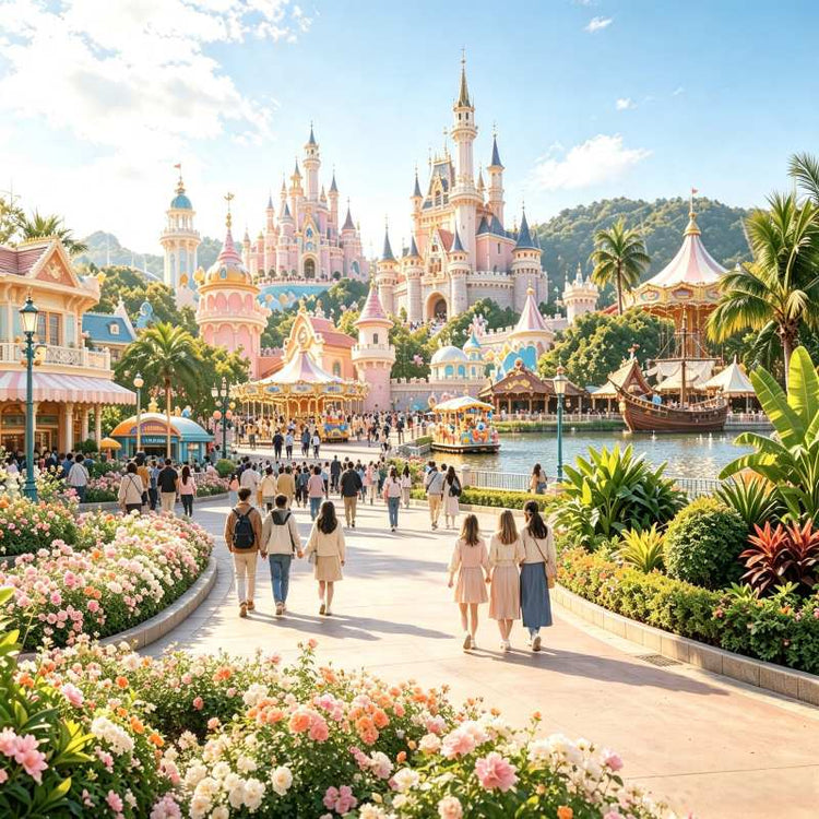 Landscaped garden pathway leading to the castle at Shanghai Disneyland
