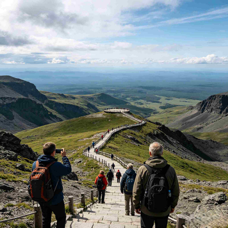 West Slope of Changbai Mountain, alpine meadow hiking route with hikers and vast distant mountain landscape