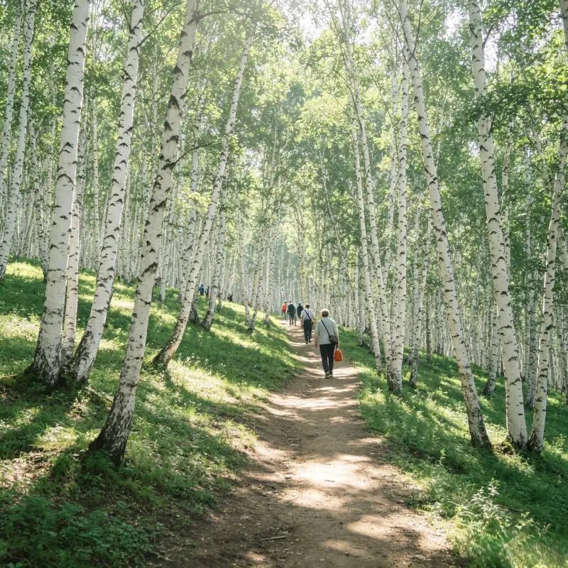 Visitors walking through sunlit white birch forest in Hulunbuir prairie area