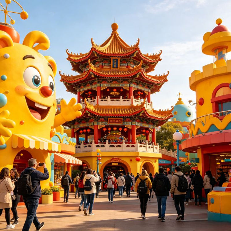 Family walking through Chinese fantasy theme park area