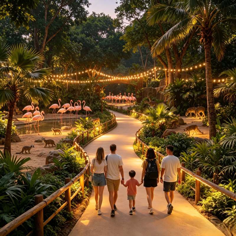 Tropical forest walking path at Chimelong Safari Park with a group of visitors exploring the park
