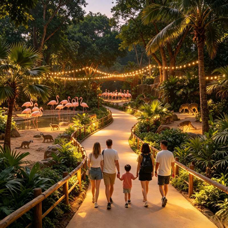 Tropical forest walking path at Chimelong Safari Park with a group of visitors exploring the park
