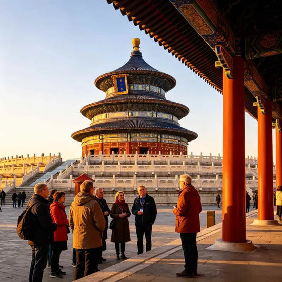 Tour guide introducing Temple of Heaven to international travel group, Beijing China tour
