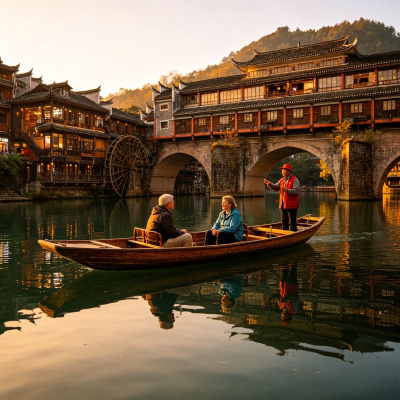 Travelers cruising Tuojiang River by wooden boat, stilt houses & Hongqiao Bridge, Fenghuang Ancient Town