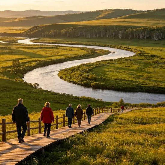 Tourists hiking on wooden boardwalk along Ergun Wetland in Hulunbuir, Inner Mongolia