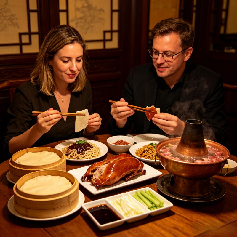 Western travelers enjoying classic Beijing cuisine including Peking duck and hot pot at local restaurant