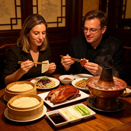 Western travelers enjoying classic Beijing cuisine including Peking duck and hot pot at local restaurant