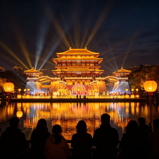 Grand Tang Paradise night light show, magnificent golden Tang architecture reflecting on the lake, audience watching the performance, Xi'an