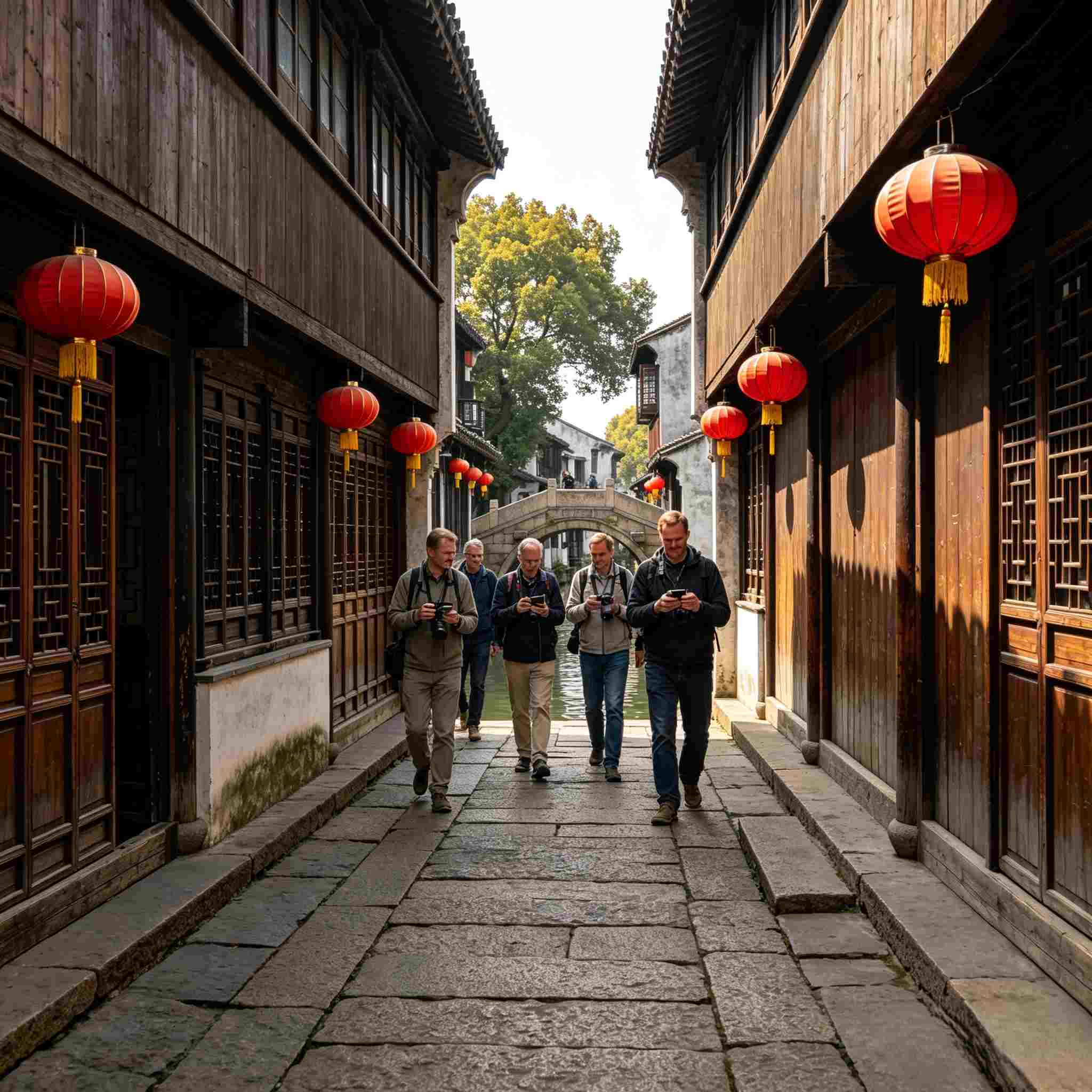 Ancient water town alley with red lanterns, group of western tourists stroll traditional Jiangnan street on private sightseeing trip
