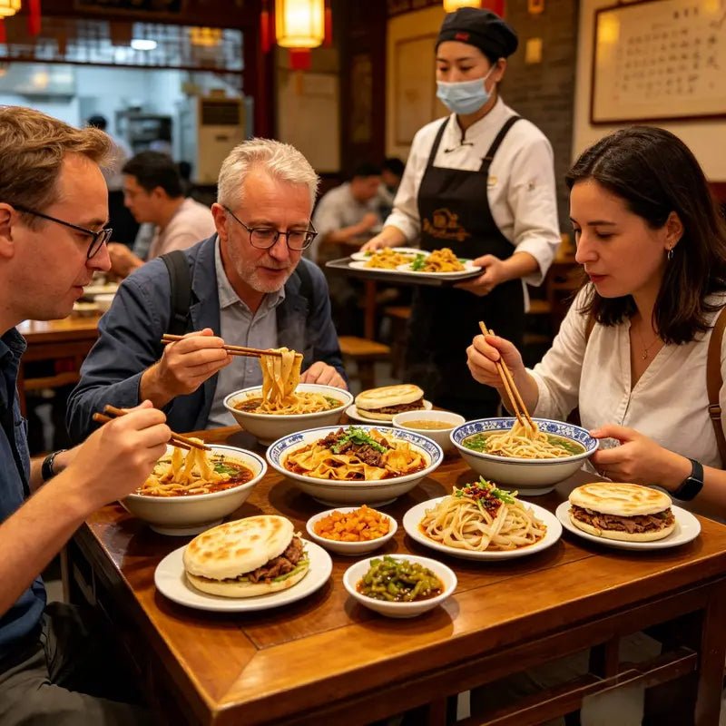 Western travelers enjoying traditional Chinese cuisine, immersive gourmet experience on private China tour