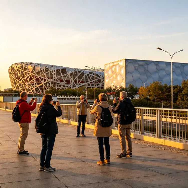 Beijing Olympic Park with modern stadium architecture, group of tourists sightseeing the Bird's Nest landmark area