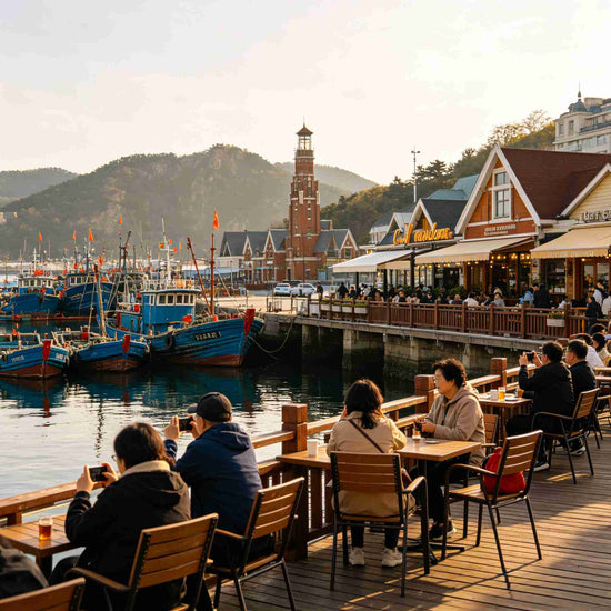 Colorful fishing boats and waterfront cafes at Dalian Fisherman's Wharf