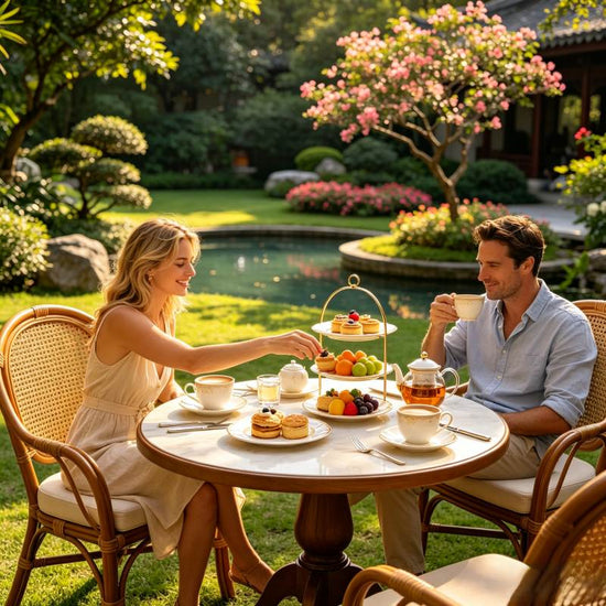 Western couple having afternoon tea in classical Chinese garden, Guihai Qinglan cultural site, Guilin China