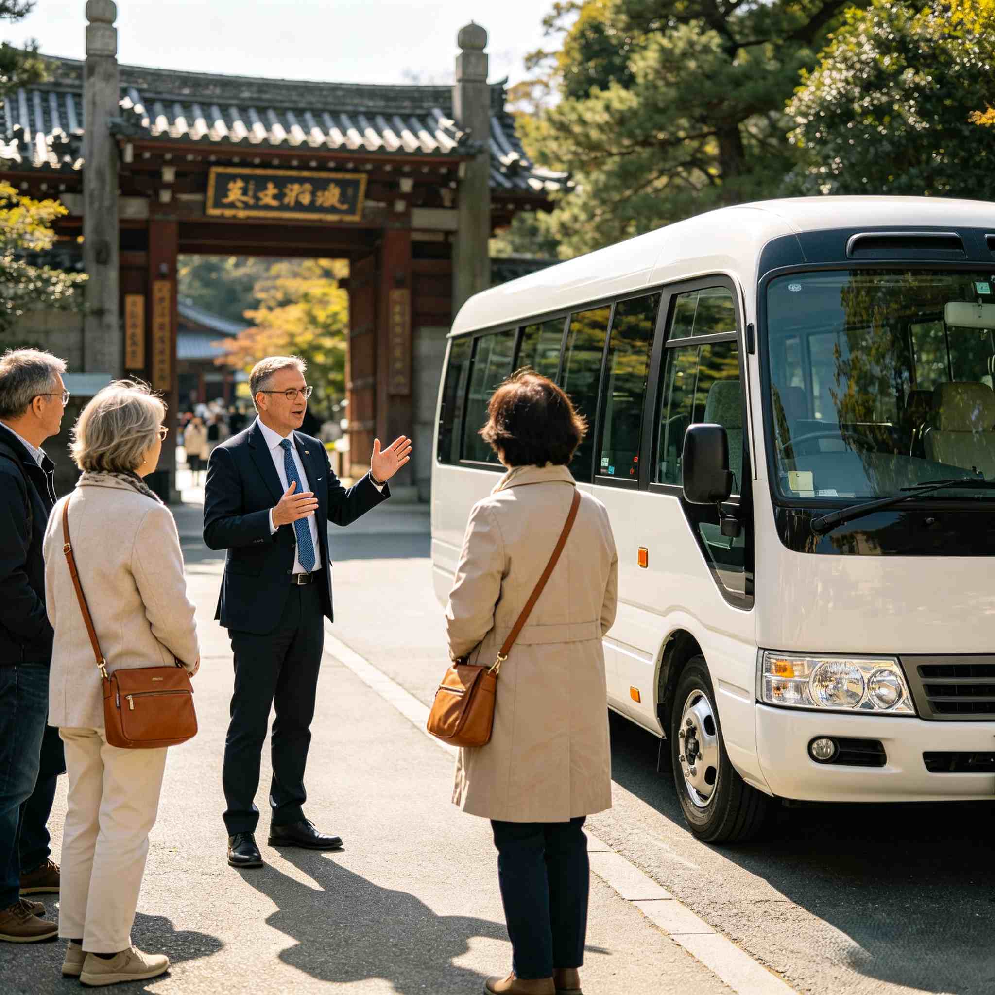Professional English-speaking tour guide briefing travelers beside private vehicle, Nanjing private tour hotel pickup service