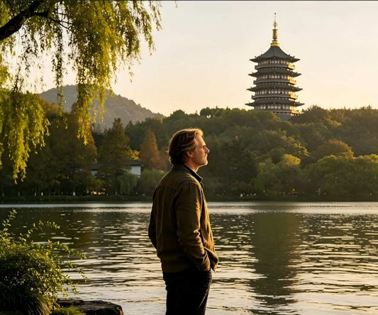 Western traveler admiring sunset view of Leifeng Pagoda at West Lake, Hangzhou - Captivating Jiangnan private tour