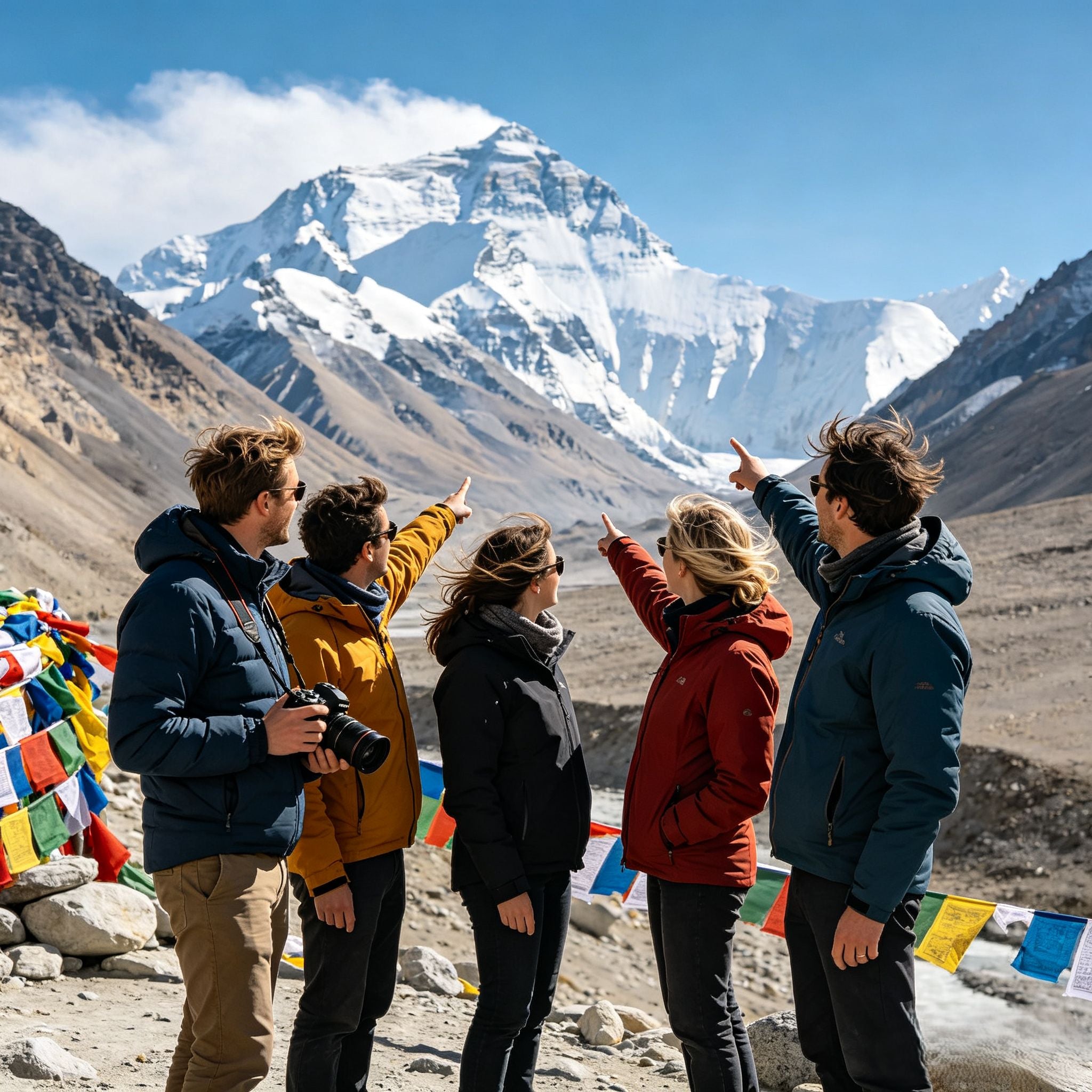 Group of foreign travelers enjoying Himalayan scenery on a private Tibet tour