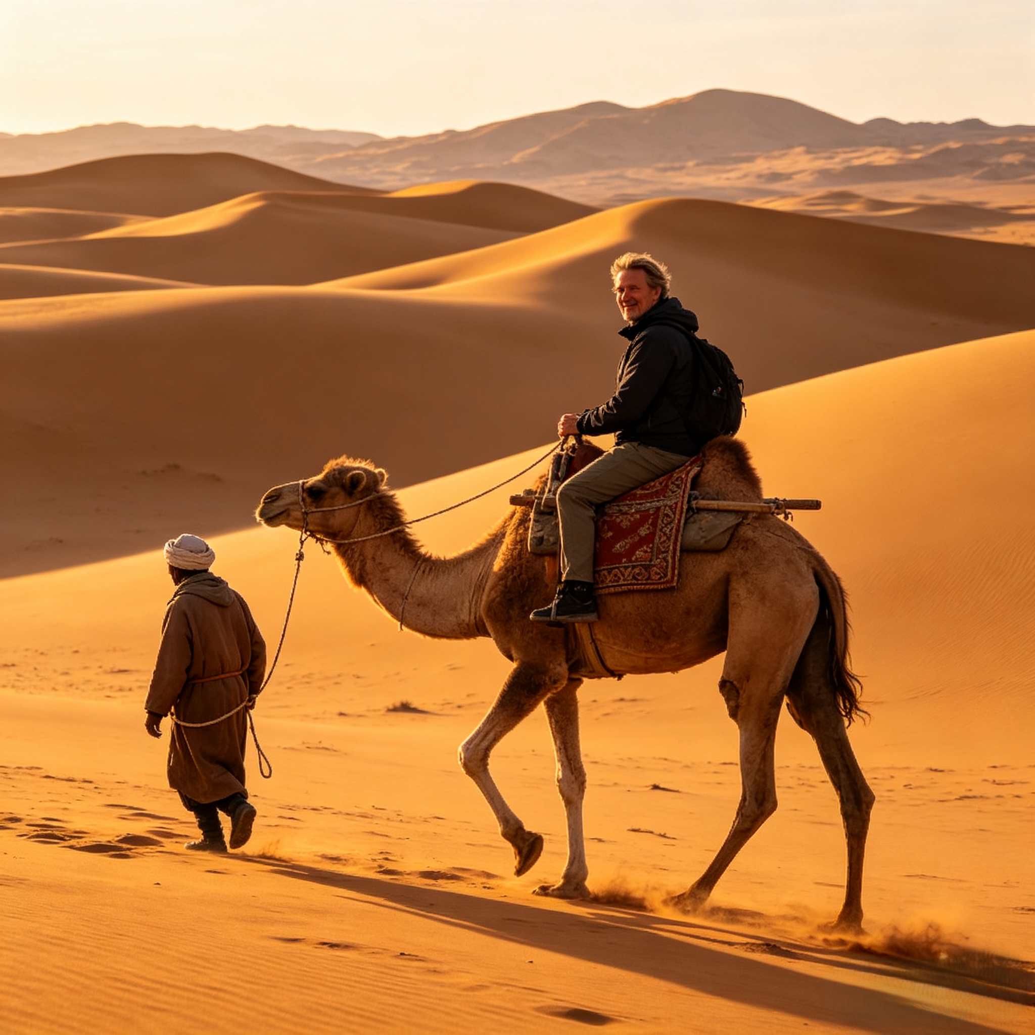 Foreign traveler camel riding at Khongor Sand Dunes, Gobi Desert sunset experience