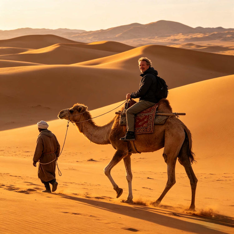 Foreign traveler camel riding at Khongor Sand Dunes, Gobi Desert sunset experience