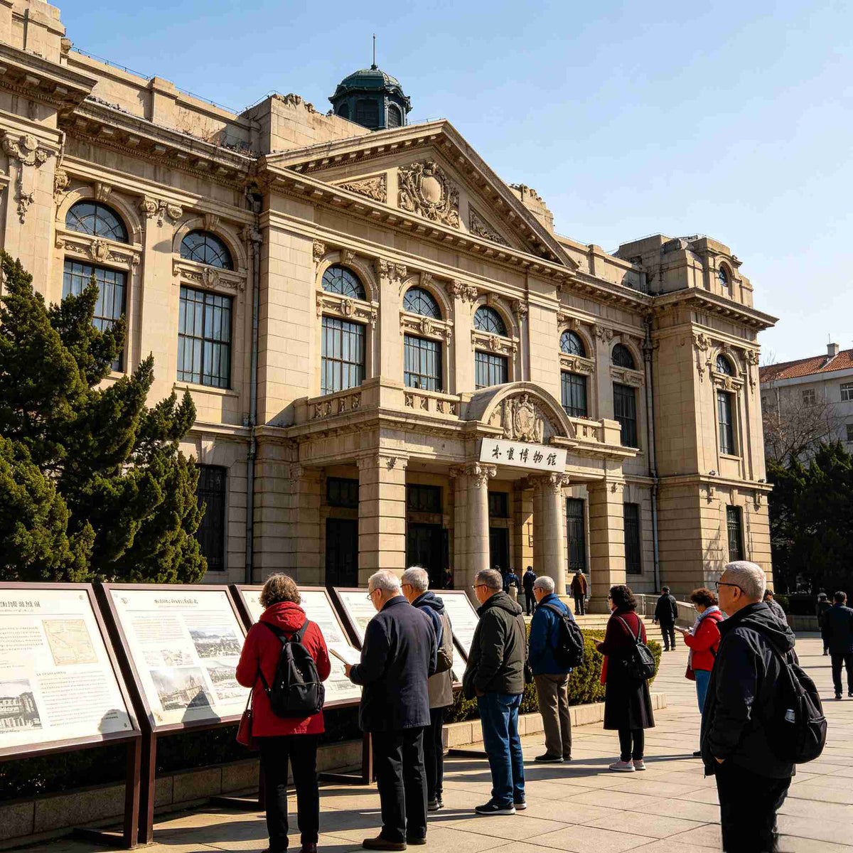Visitors at historic Lüshun Museum neoclassical building, Dalian Lüshun historic site