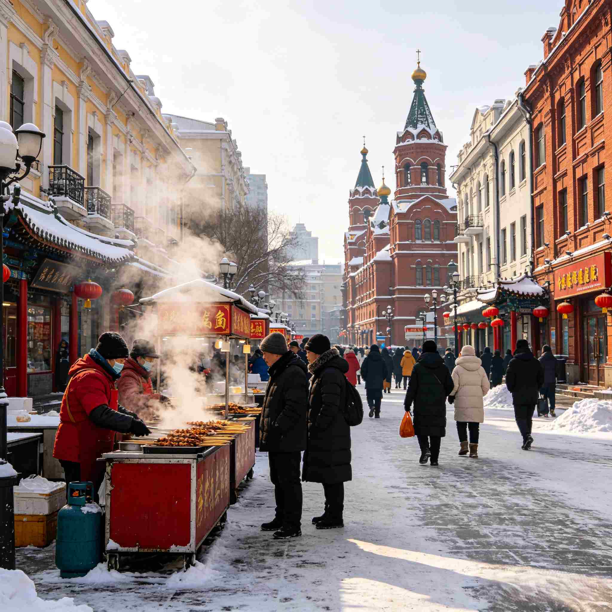 Lao Daowai historic district with street food stalls in winter Harbin