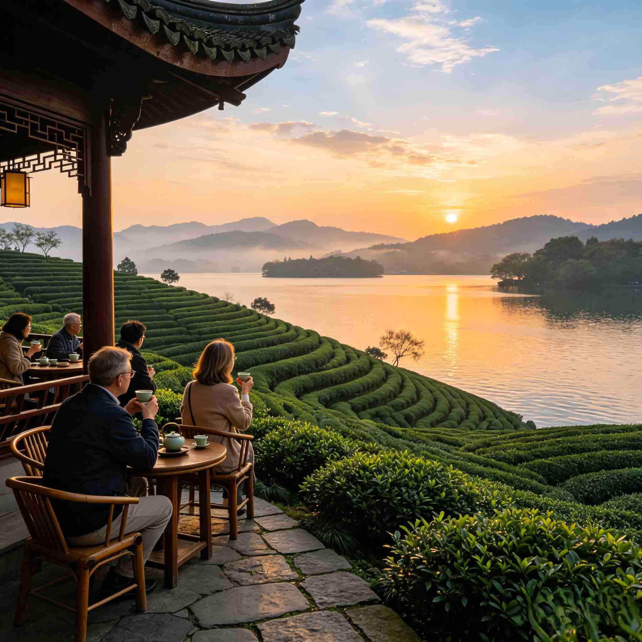 West Lake Hangzhou sunset tea mountain terrace, western couple enjoy lake and Longjing tea plantation view