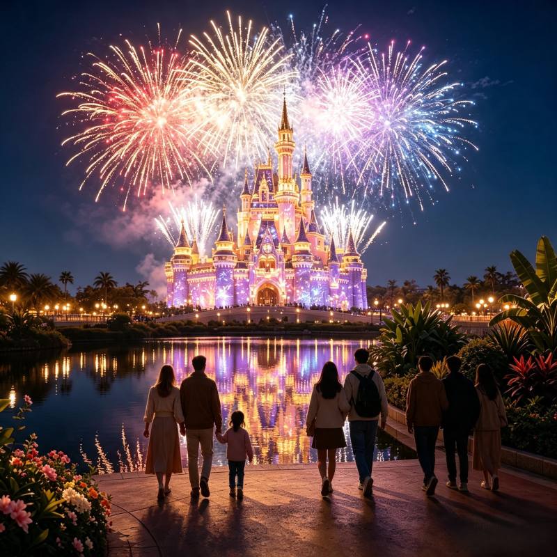 Evening fireworks and projection show at Shanghai Disneyland Castle with water reflection