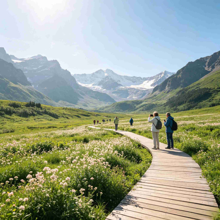 Changbai Mountain Alpine Garden, wooden walkway through wildflower meadow with snow-capped mountains in background