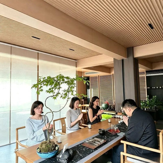 Intimate tea ceremony session with guests seated along the table in a tranquil hutong space