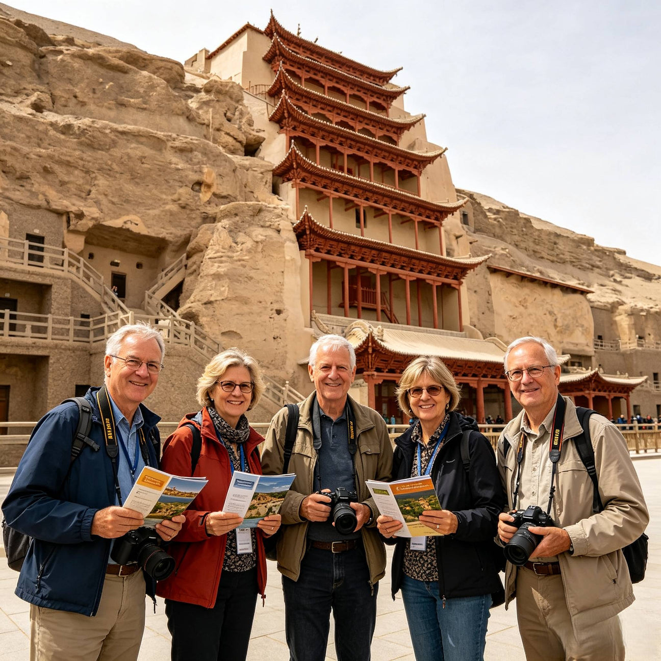 Group of foreign tourists visiting the UNESCO Mogao Grottoes, Dunhuang