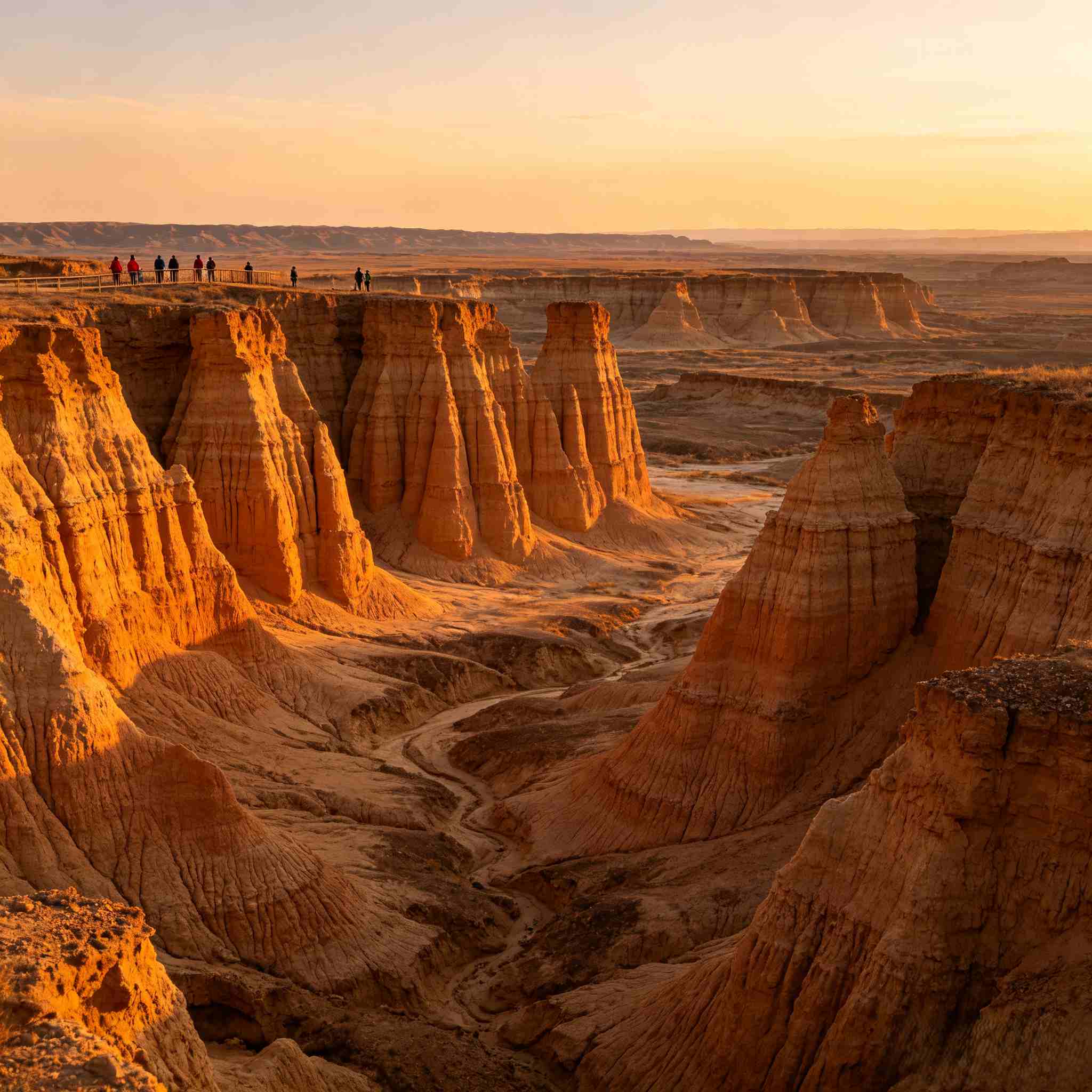 Datong Earth Forest unique geological landscape under golden sunset light