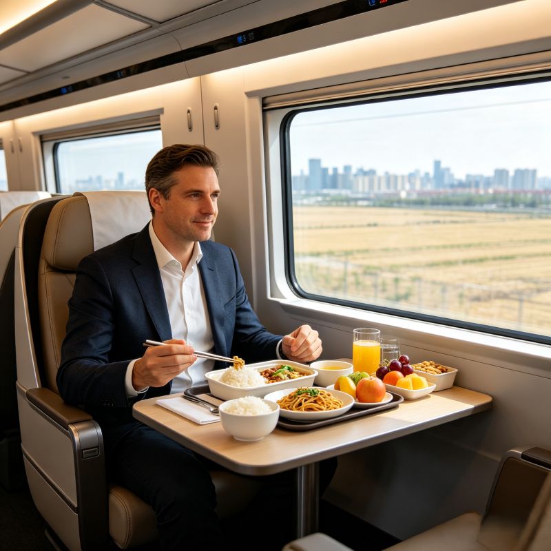 Western businessman having meal inside high-speed train carriage, comfortable dining experience on China bullet train