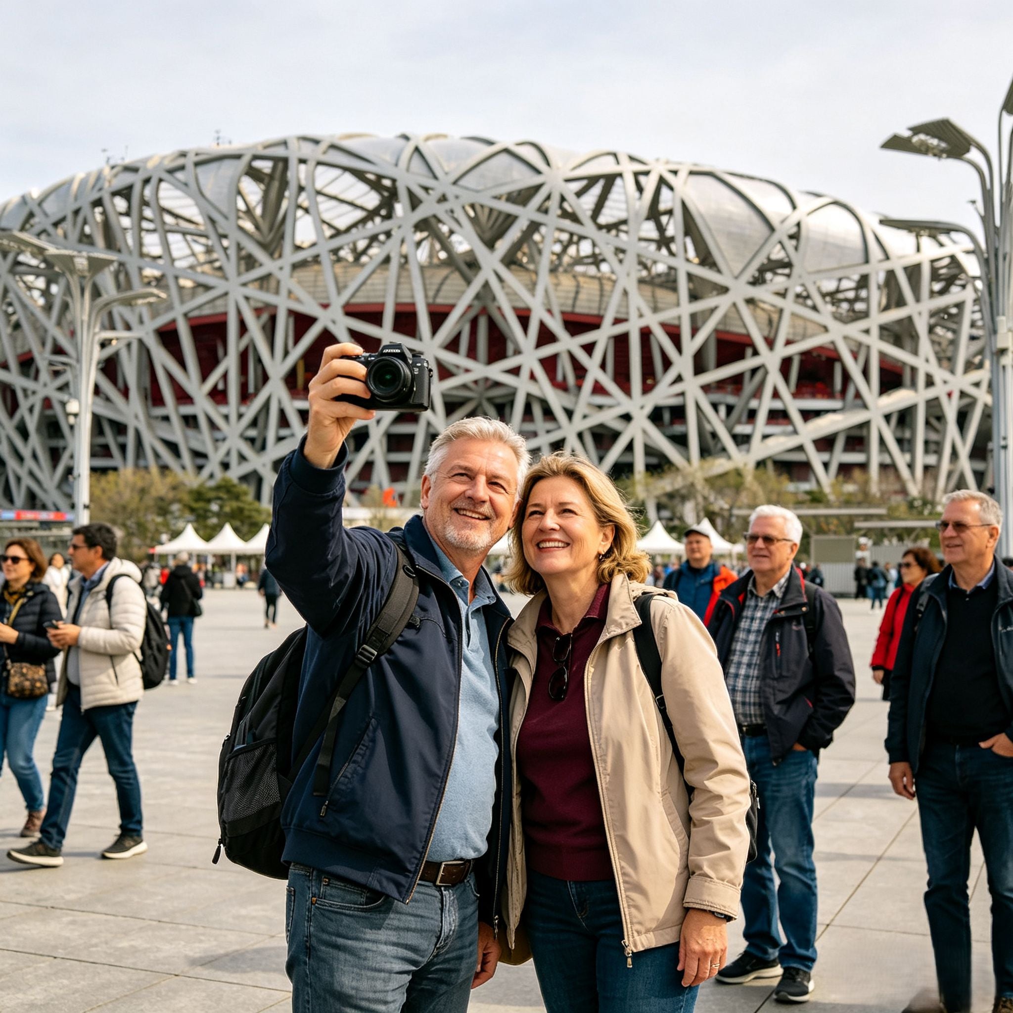Foreign travelers posing for a group photo in front of the Bird’s Nest stadium, Beijing