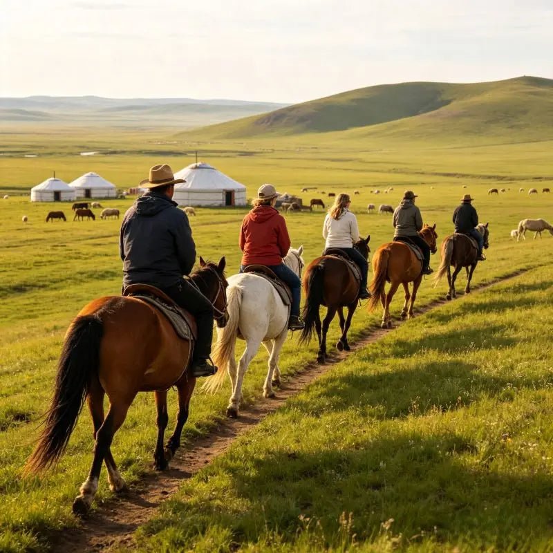 Western tourists horse riding on Heishantou grassland, optional prairie experience activity