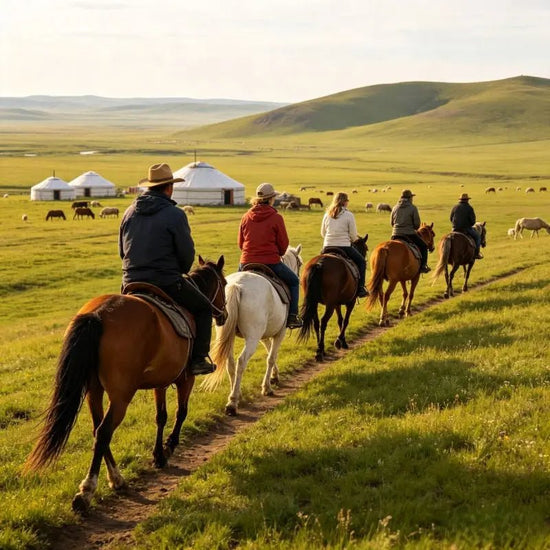 Western tourists horse riding on Heishantou grassland, optional prairie experience activity