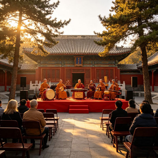 Outdoor Jing Music performance at Zhihua Temple courtyard, traditional imperial music with Ming architecture