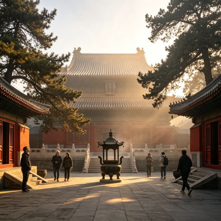 Panoramic view of Zhihua Temple main courtyard in morning sunlight, Beijing's well-preserved Ming dynasty ancient temple