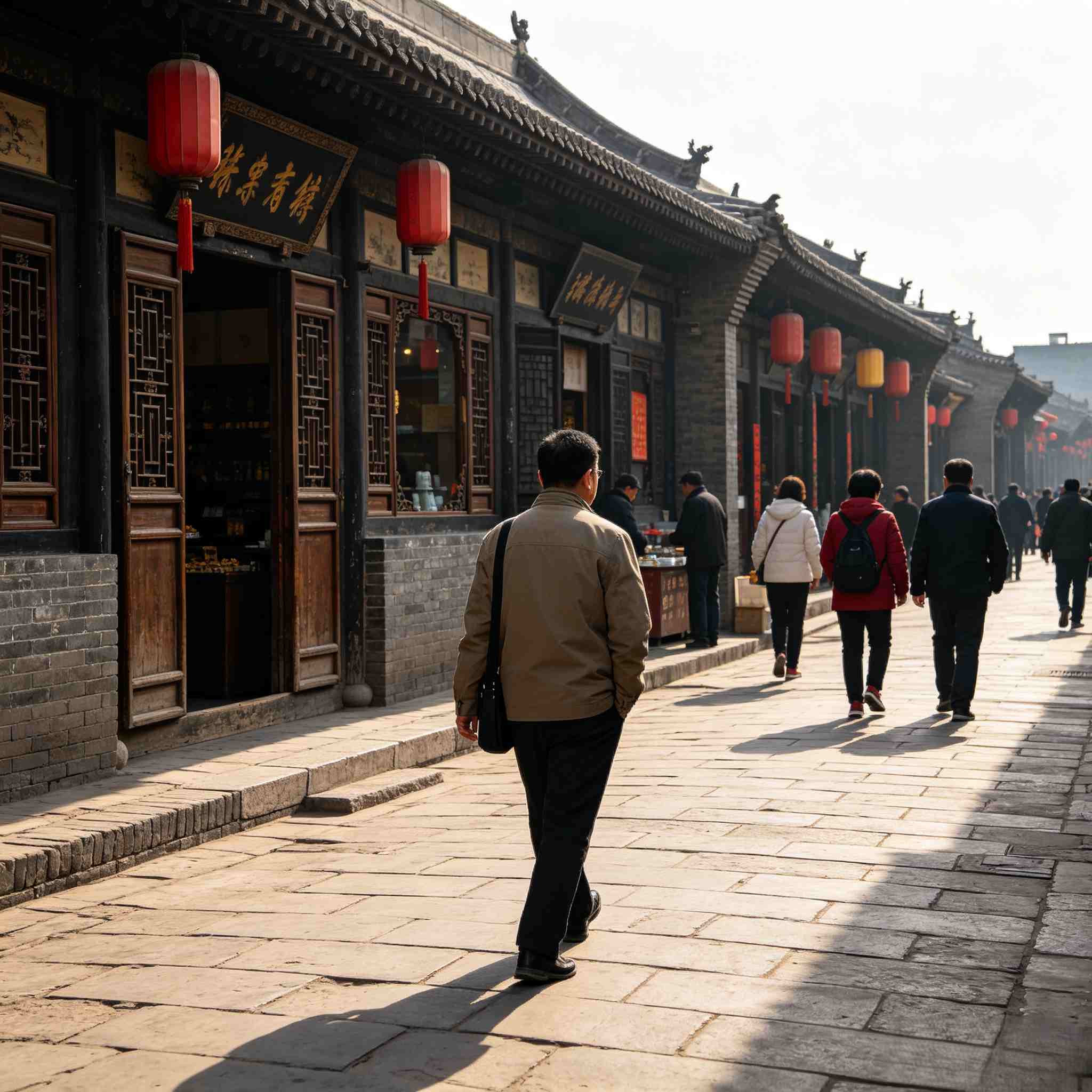 Tourists walking along historic Ming-Qing Street in Pingyao Ancient City