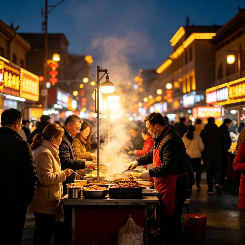 Shazhou Night Market street food scene in Dunhuang, China