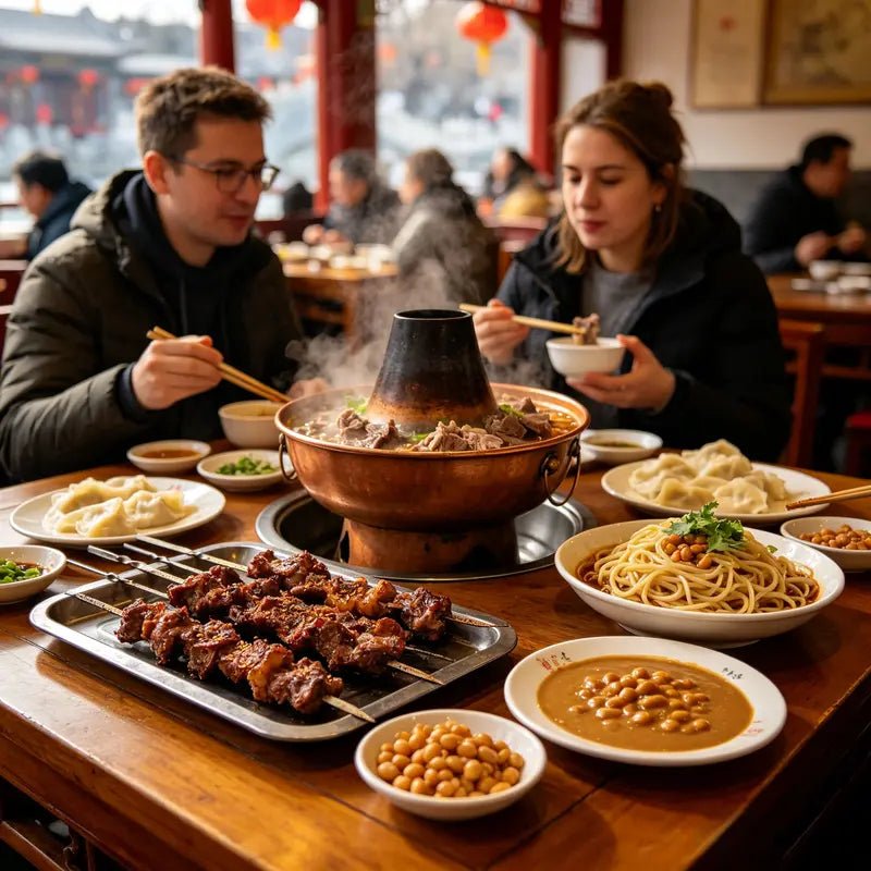 International travelers enjoying authentic Beijing local cuisine including lamb hot pot at a traditional restaurant