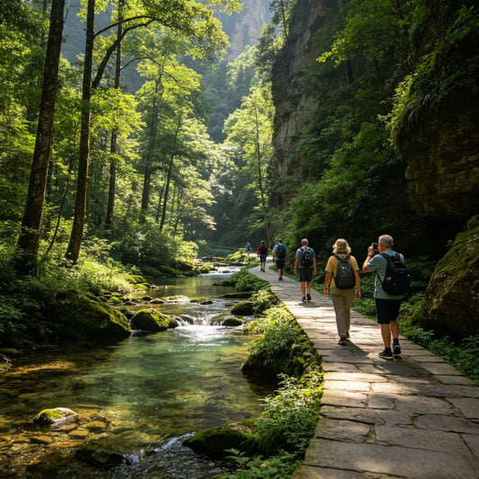Hikers walking along clear mountain stream in Golden Whip Stream canyon surrounded by ancient forest, Zhangjiajie