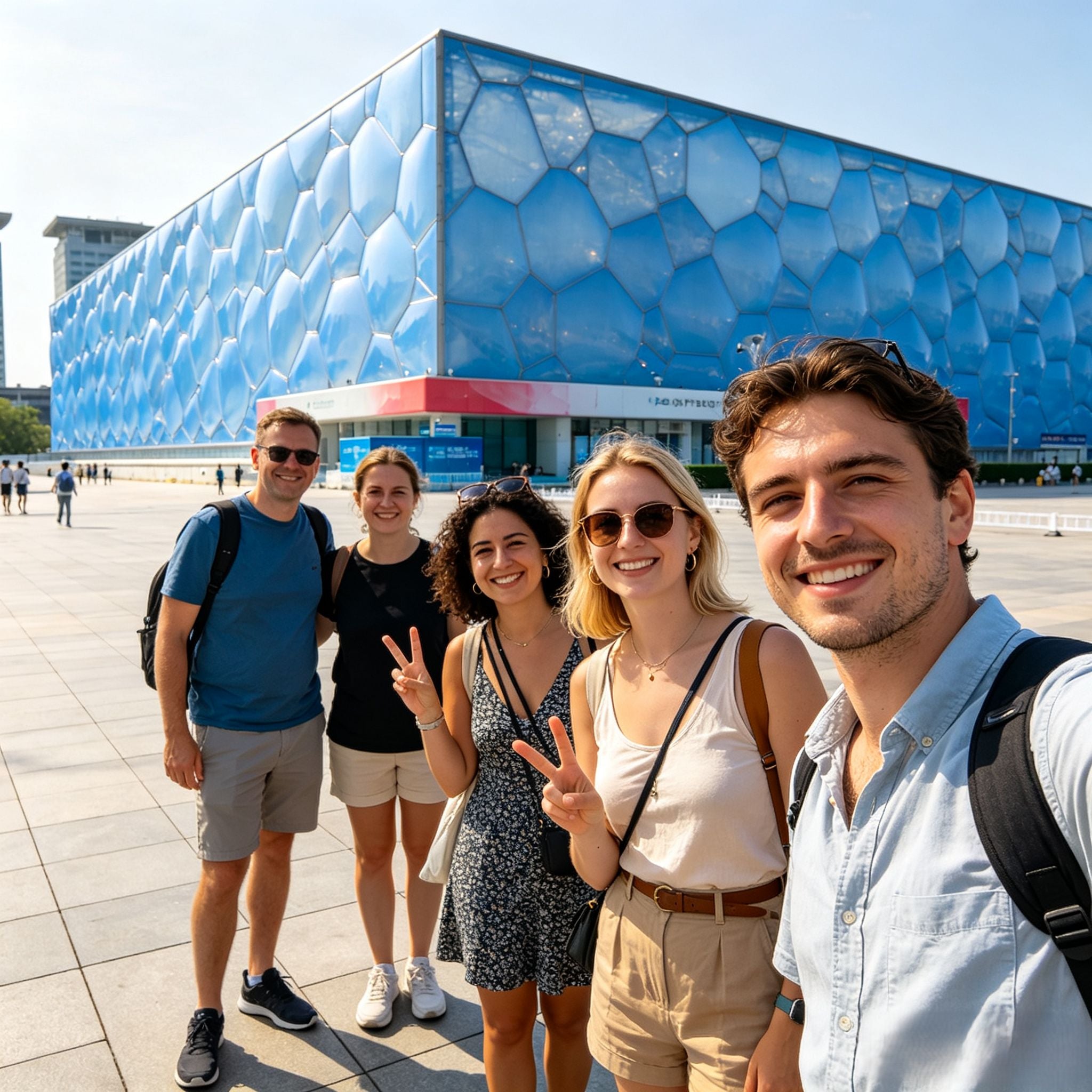 Travelers visiting the Water Cube in Beijing with realistic holiday photography style