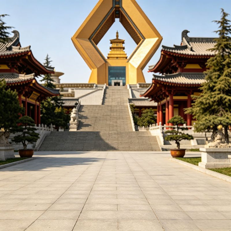 Famen Temple Buddha Relic Pagoda, symmetrical view of golden modern pagoda with traditional Tang dynasty temple architecture, no people, Xi'an China
