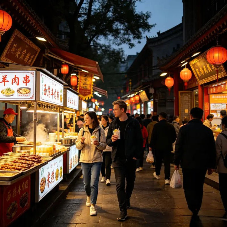 Bustling Muslim Quarter food street with snack stalls, famous gourmet destination in downtown Xi'an