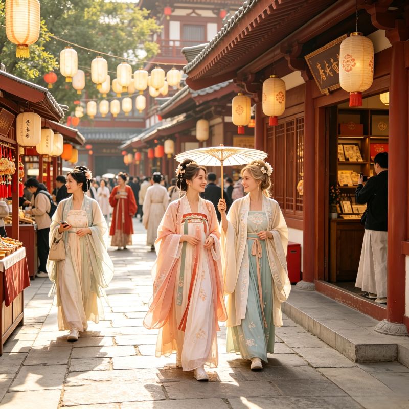 European tourists in Hanfu exploring traditional Tang-style street in Xi'an, China
