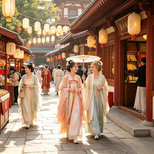 European tourists in Hanfu exploring traditional Tang-style street in Xi'an, China