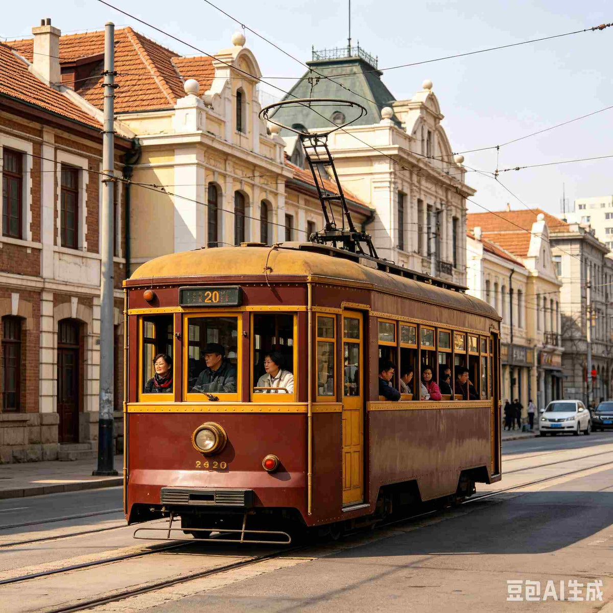 Retro Route 201 tram running through Dalian historic downtown