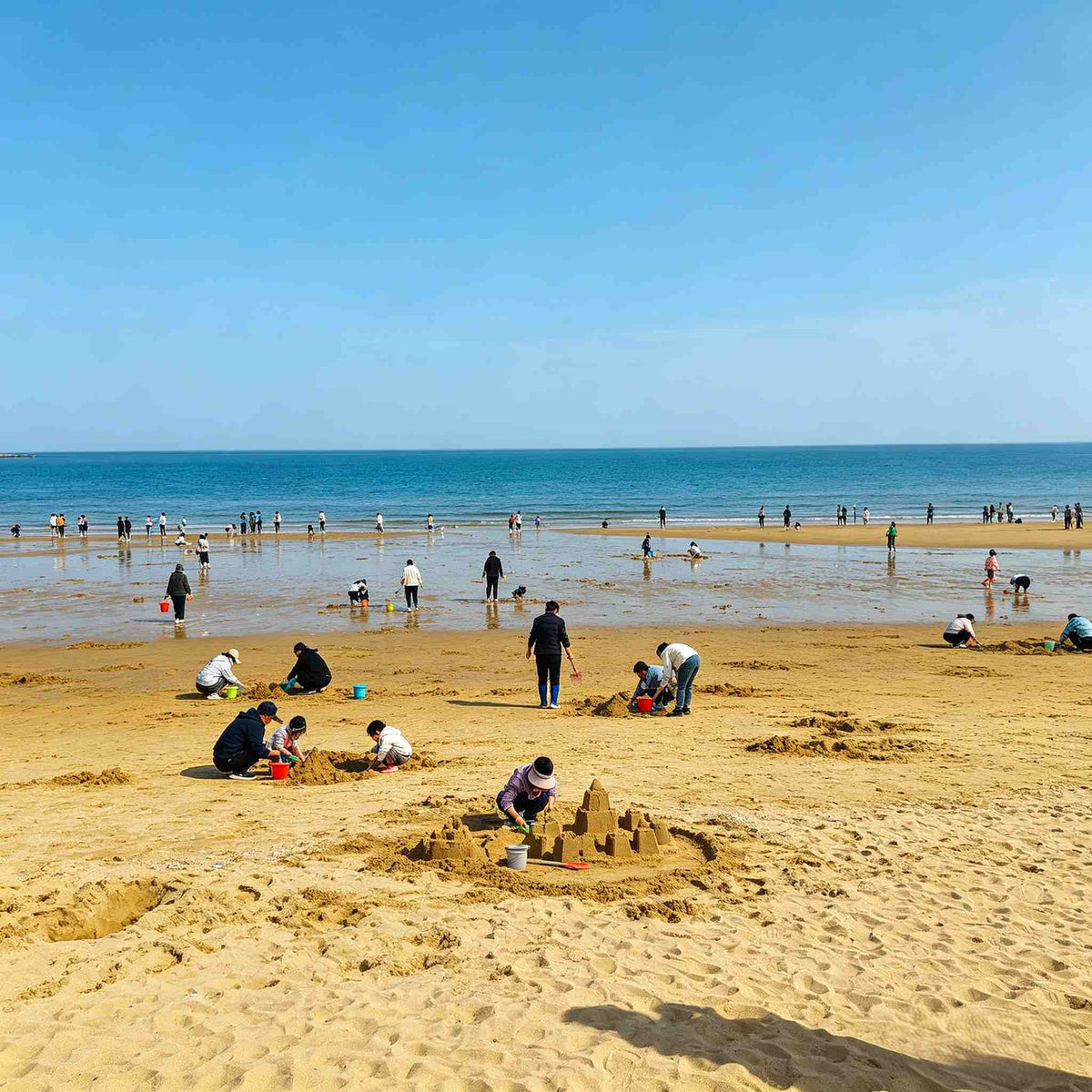 Golden Coast beach with tourists building sandcastles, Jinshitan
