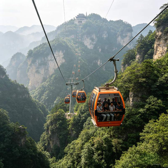 Tianmen Mountain cable car over sandstone peaks, world's longest mountain cableway in Zhangjiajie