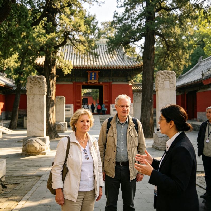 Private English tour guide explaining history to senior tourists at Zhihua Temple entrance, Beijing private cultural tour
