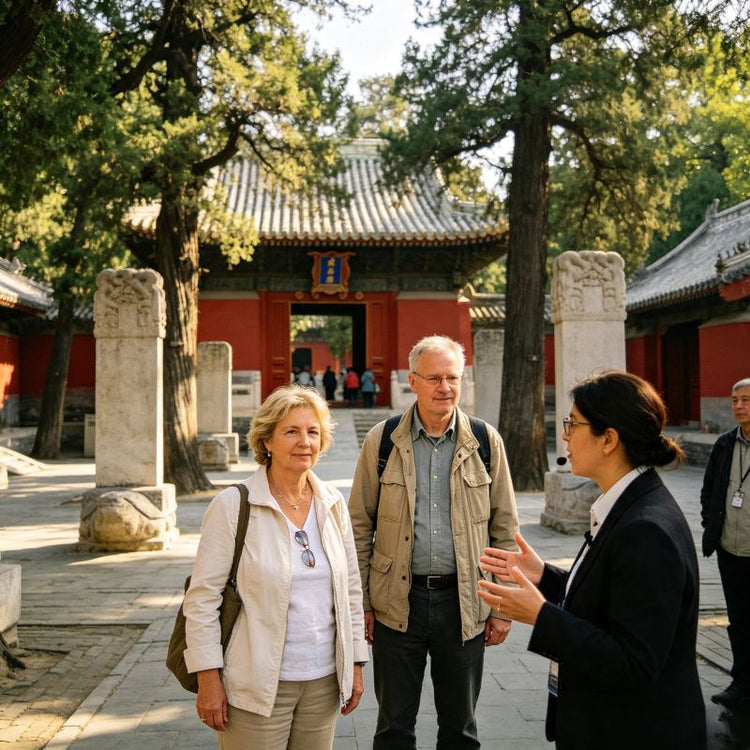 Private English tour guide explaining history to senior tourists at Zhihua Temple entrance, Beijing private cultural tour